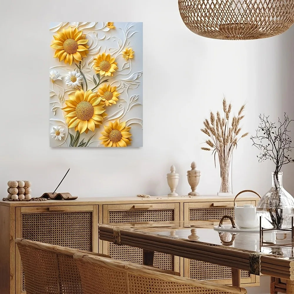 Sunflower Canvas Art With Wood Frame 3D Relief Wall Decor