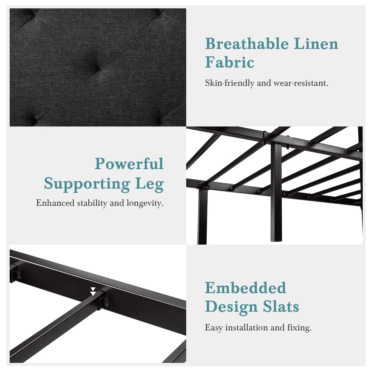 Hoomic Metal Bed Frame With Upholstered Stitched Linen Headboard