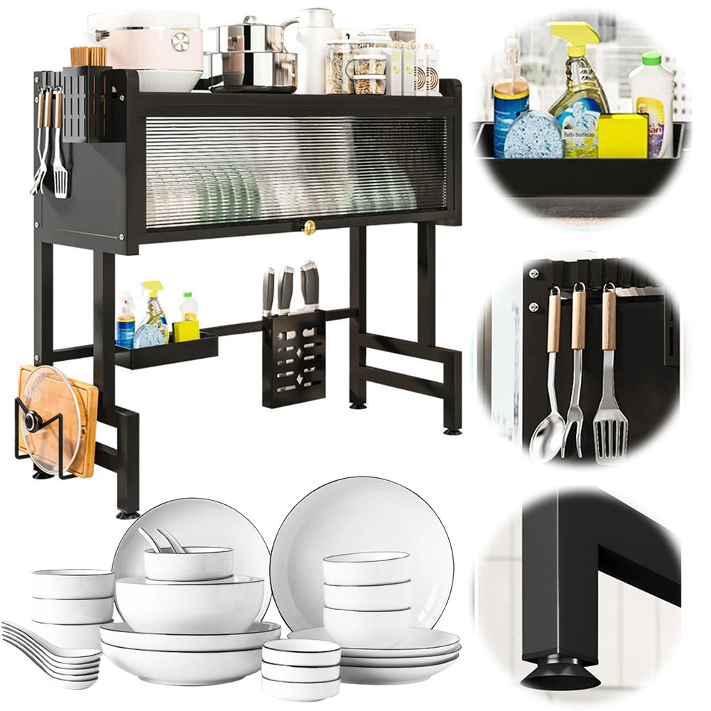 Steel Over The Sink Dish Rack With Cover Kitchen Organizer