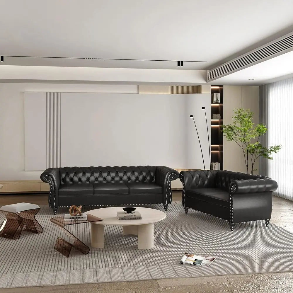 Chesterfield Leather Sofa and Loveseat Set with Scroll Arm Design