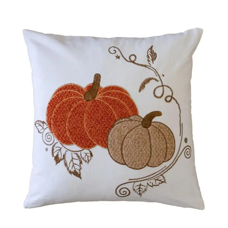 Autumn Harvest Pumpkin Embroidered Cotton Throw Pillow