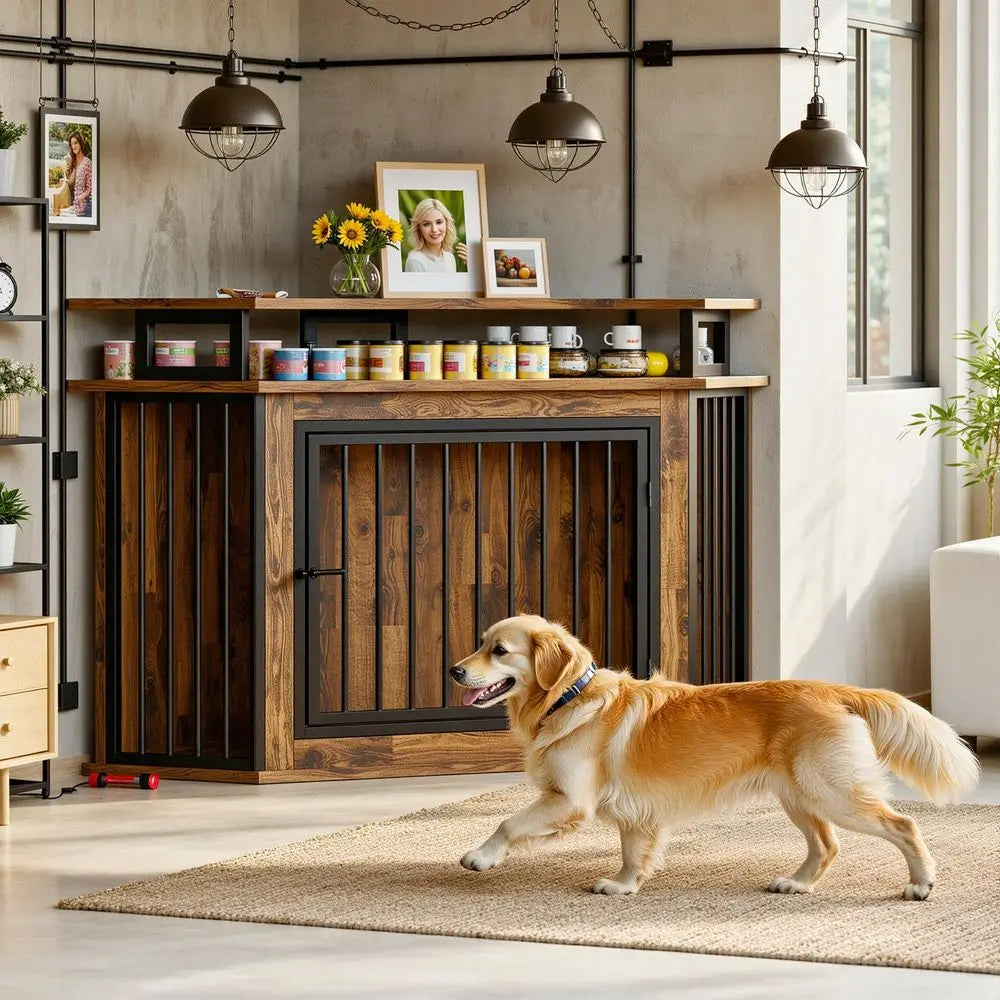 Corner Dog Crate Furniture With Two Tier Shelves For Large Dogs