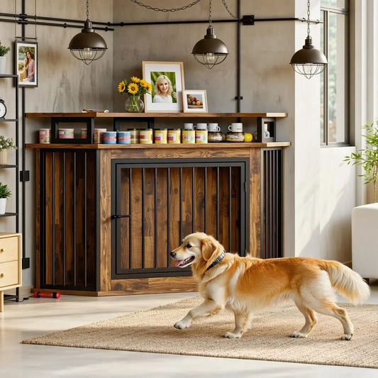 Corner Dog Crate Furniture With Two Tier Shelves For Large Dogs