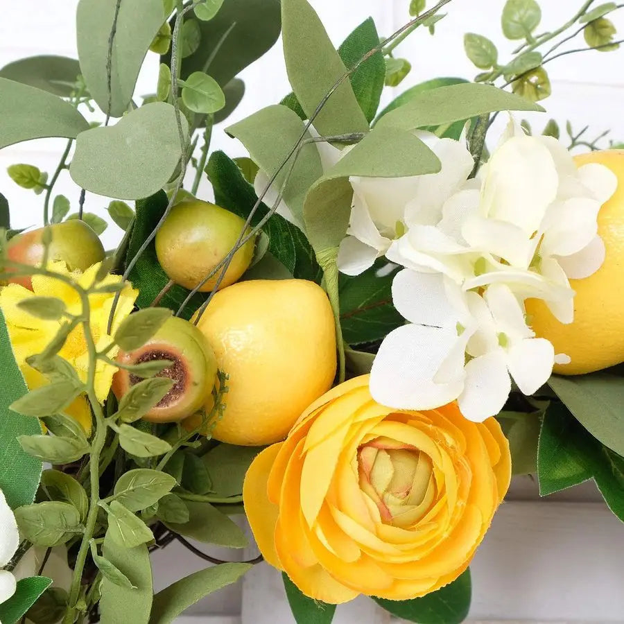 Artificial Lemon Wreath With Peony Hydrangea Berries Grapevine