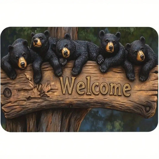 Welcome Bear Door Mat Rustic Wood Pattern Non Slip Washable