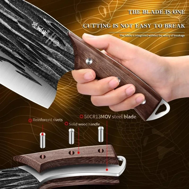 Hand Forged Hardwood Handle Cleaver Set Stainless Steel Meat Knives