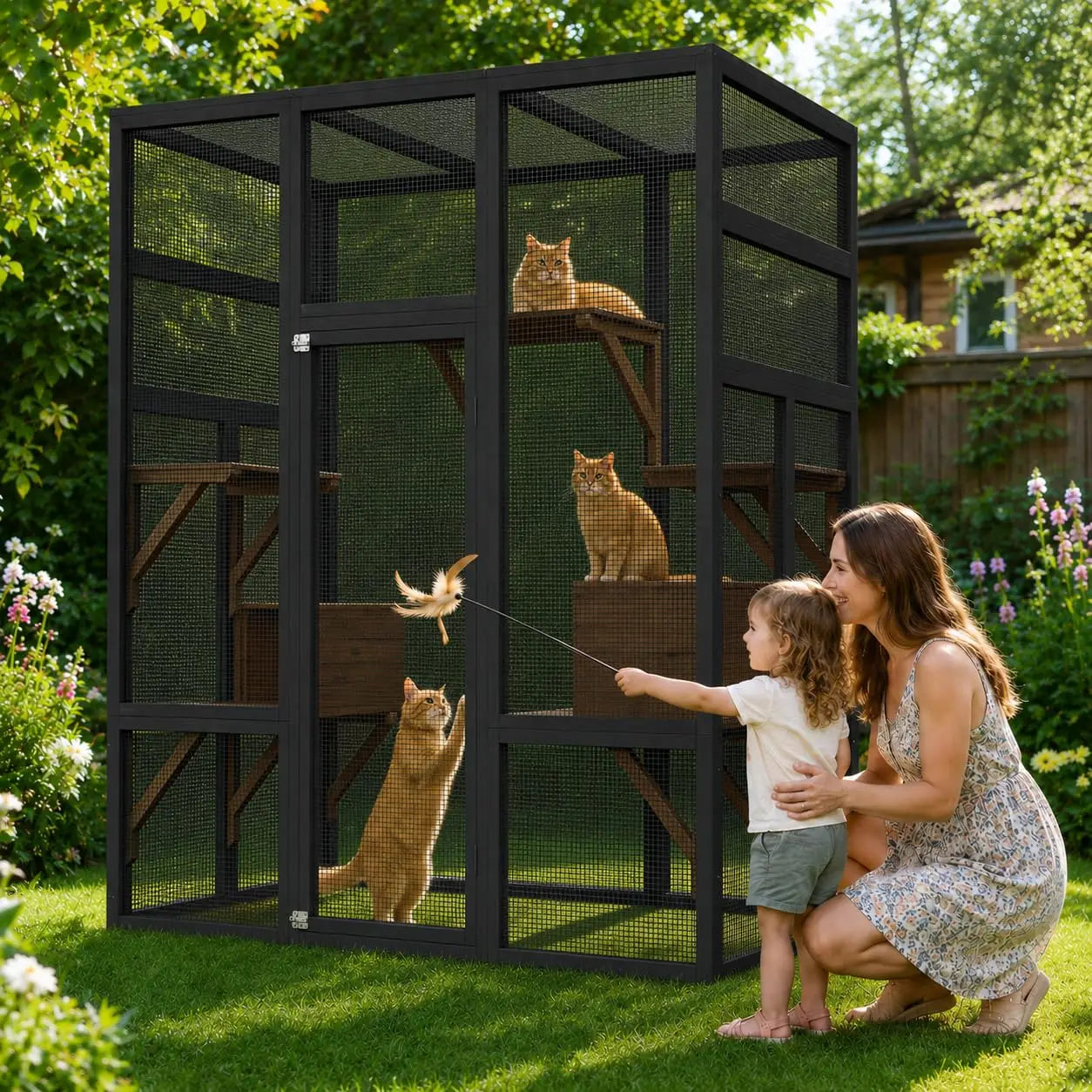 HiMiss Outdoor Wooden Catio With Waterproof Roof And Platform