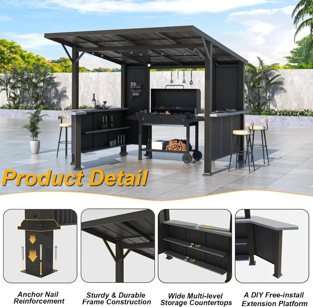 Hardtop Grill Gazebo Outdoor BBQ Shelter With Storage Shelves