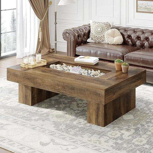 XIUWO Modern Farmhouse Wood Coffee Table With Storage LED