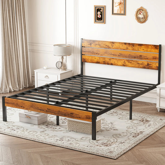 MCQ Wooden Headboard and Metal Platform Bed Frame with Slats