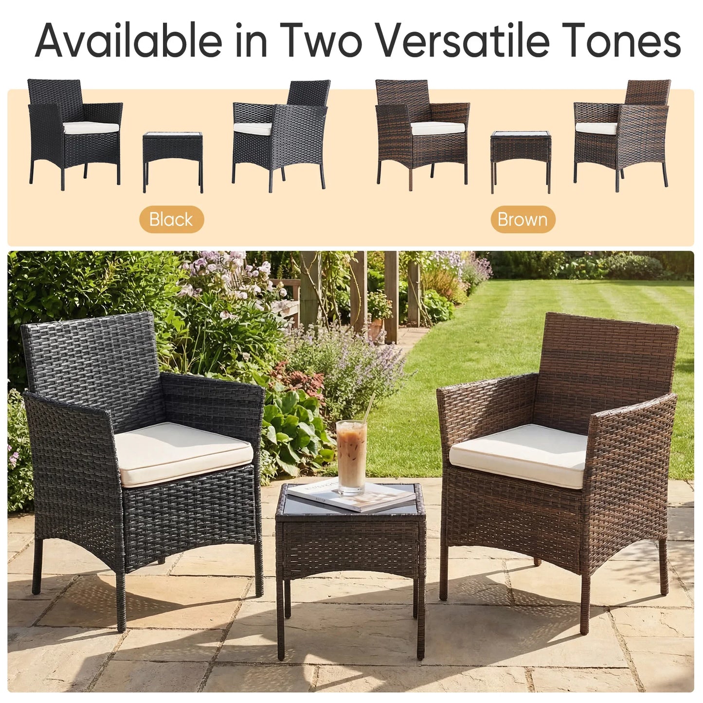 3 Piece Outdoor Patio Set Wicker Rattan Chairs With Glass Table