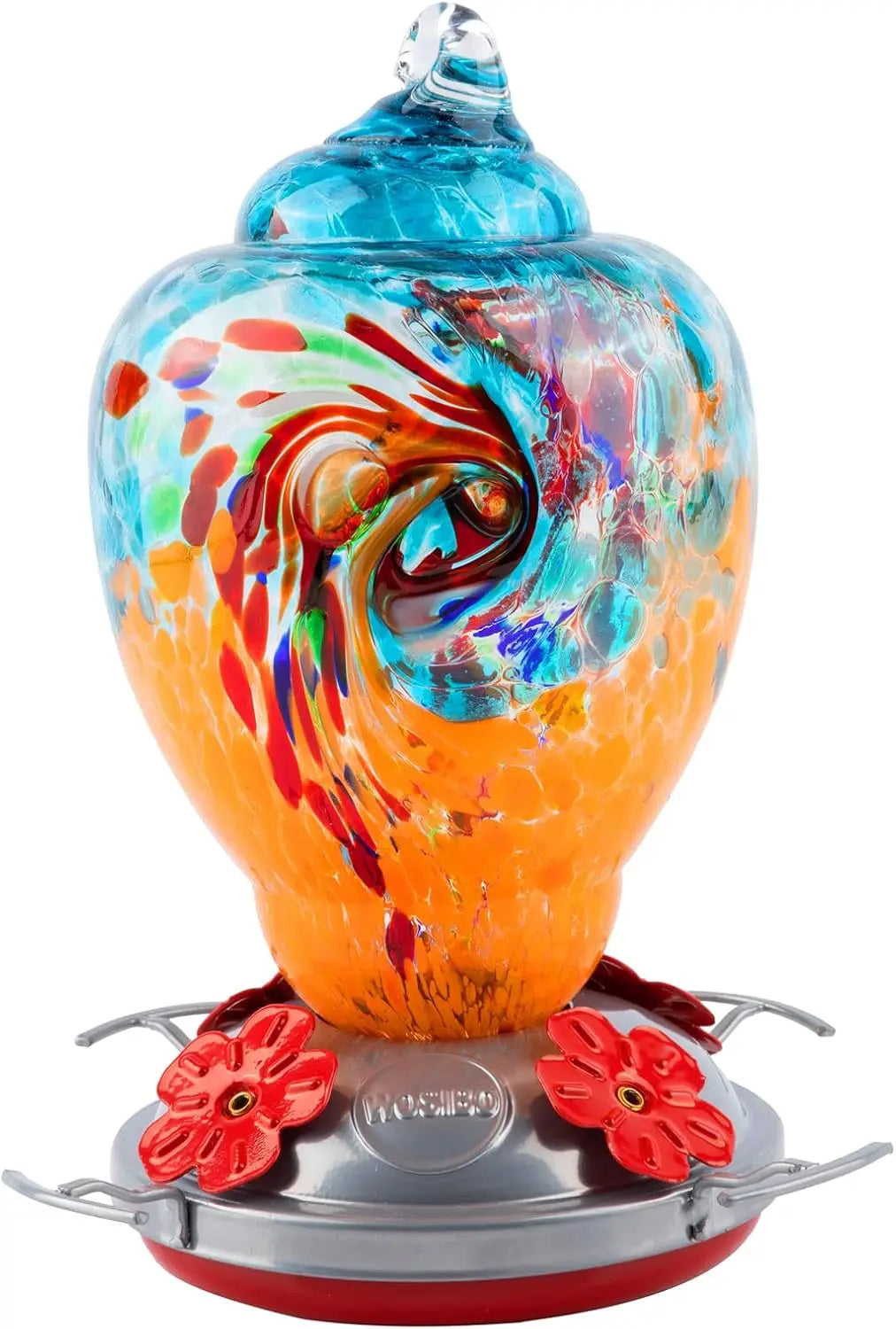 Hand Blown Glass Hummingbird Feeder With Ant Moat For Gardens