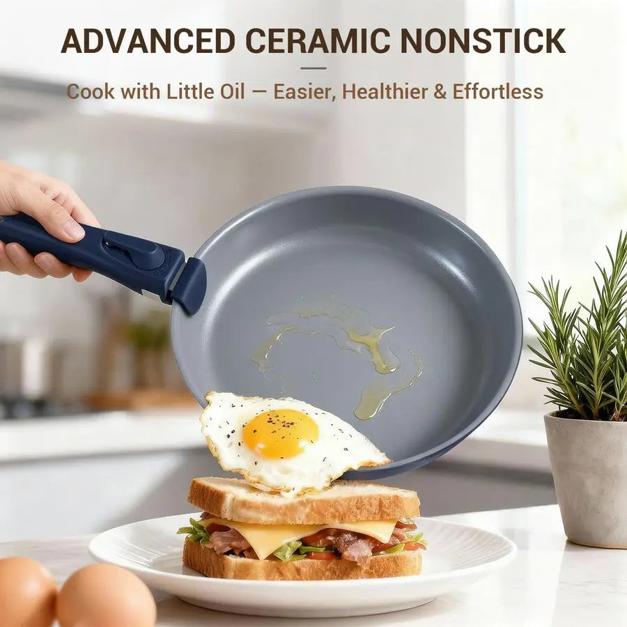 XMSJ Ceramic Nonstick Cookware Set With Removable Handles Induction Compatible