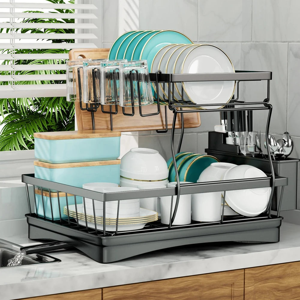 Two-Tier Dish Drying Rack For Kitchen Countertops Removable Large Capacity