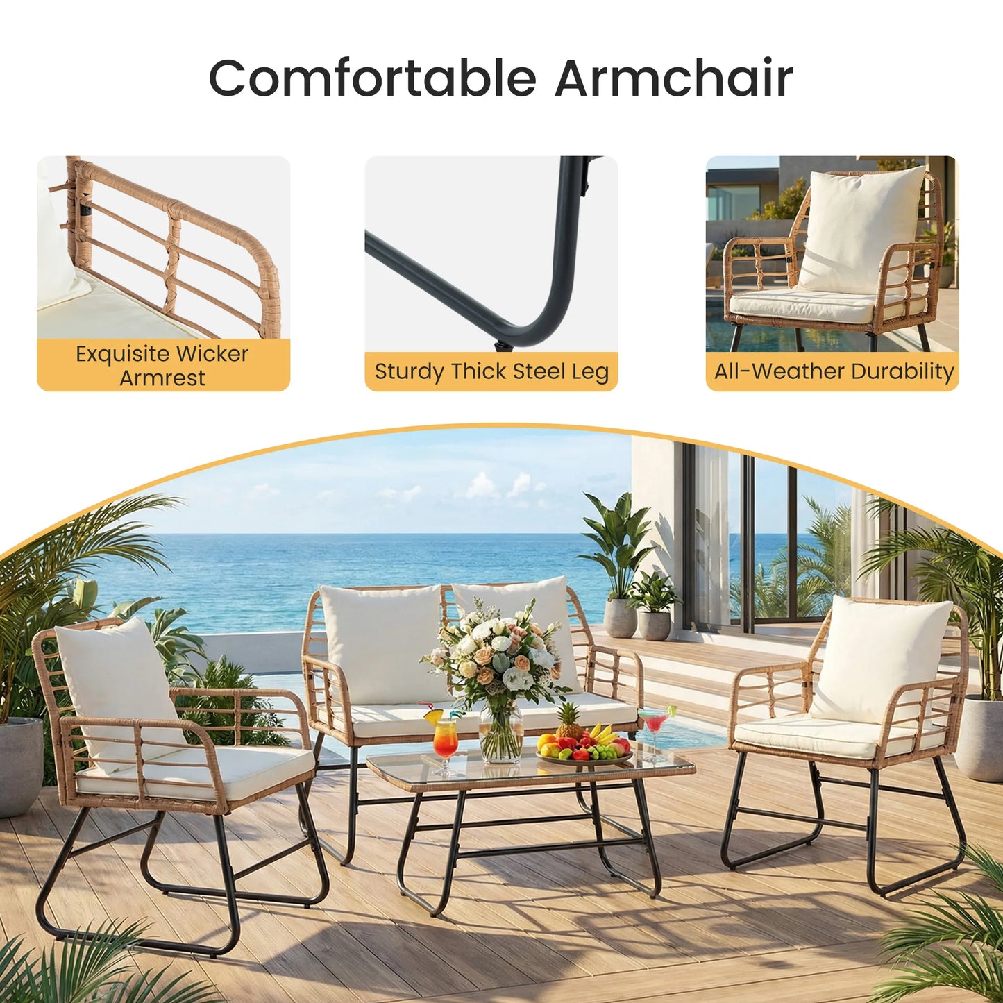Outdoor Wicker Patio Furniture Set 4 Pieces With Glass Table And Cushions