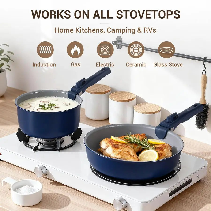 XMSJ Ceramic Nonstick Cookware Set With Removable Handles Induction Compatible
