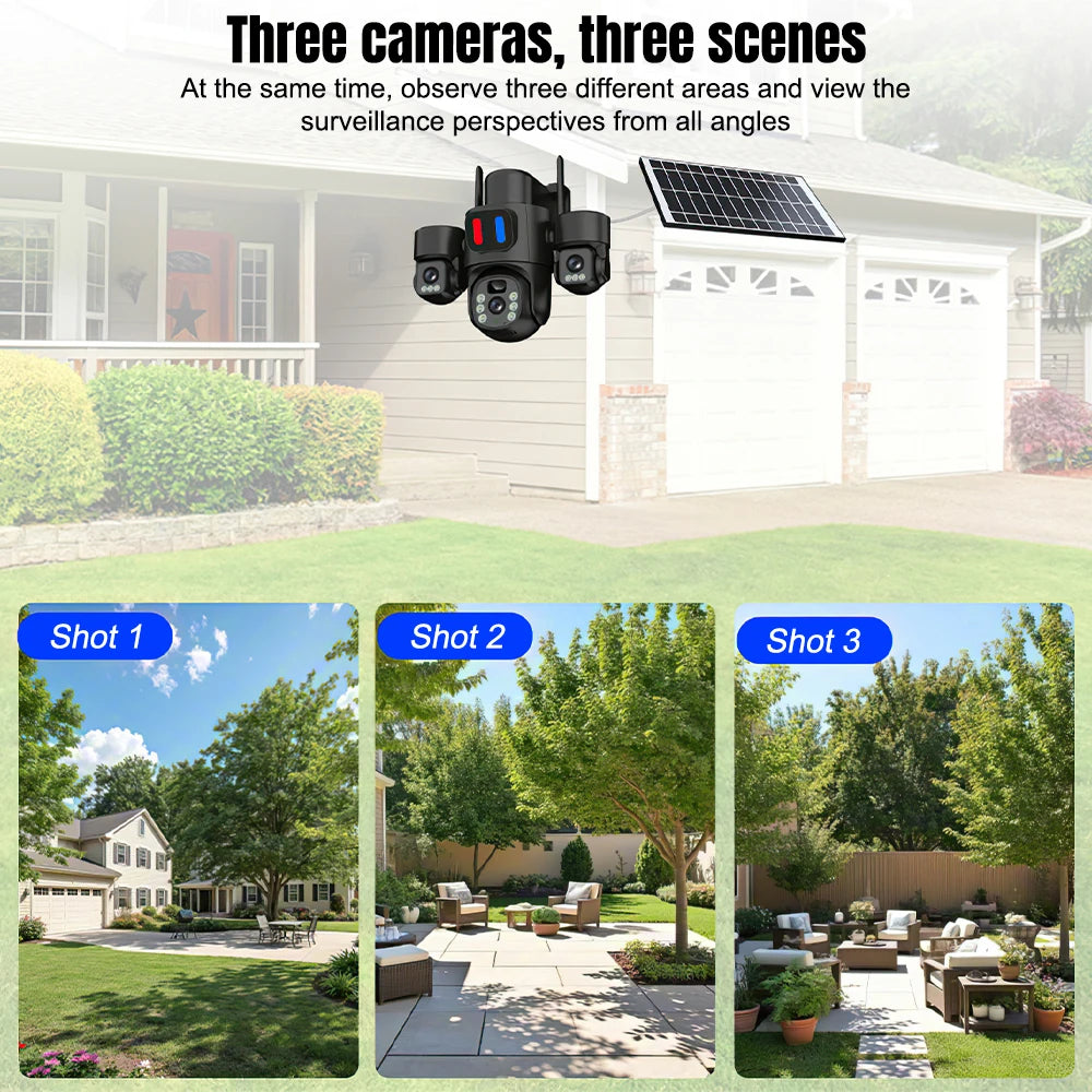 KEPEAK Solar Powered ThreeLens Security Camera Wireless WiFi PTZ Outdoor