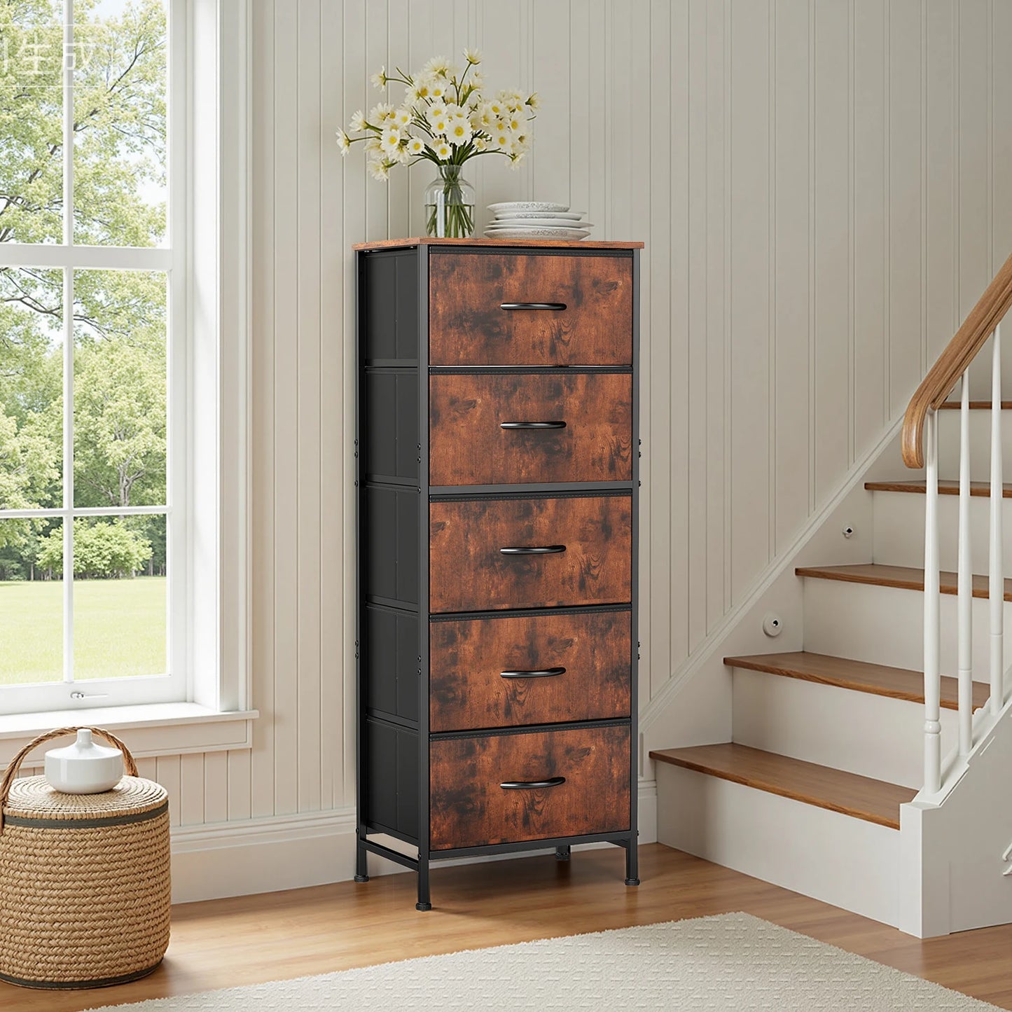 JHK Steel Frame Bedroom Dresser With Five Fabric Drawers