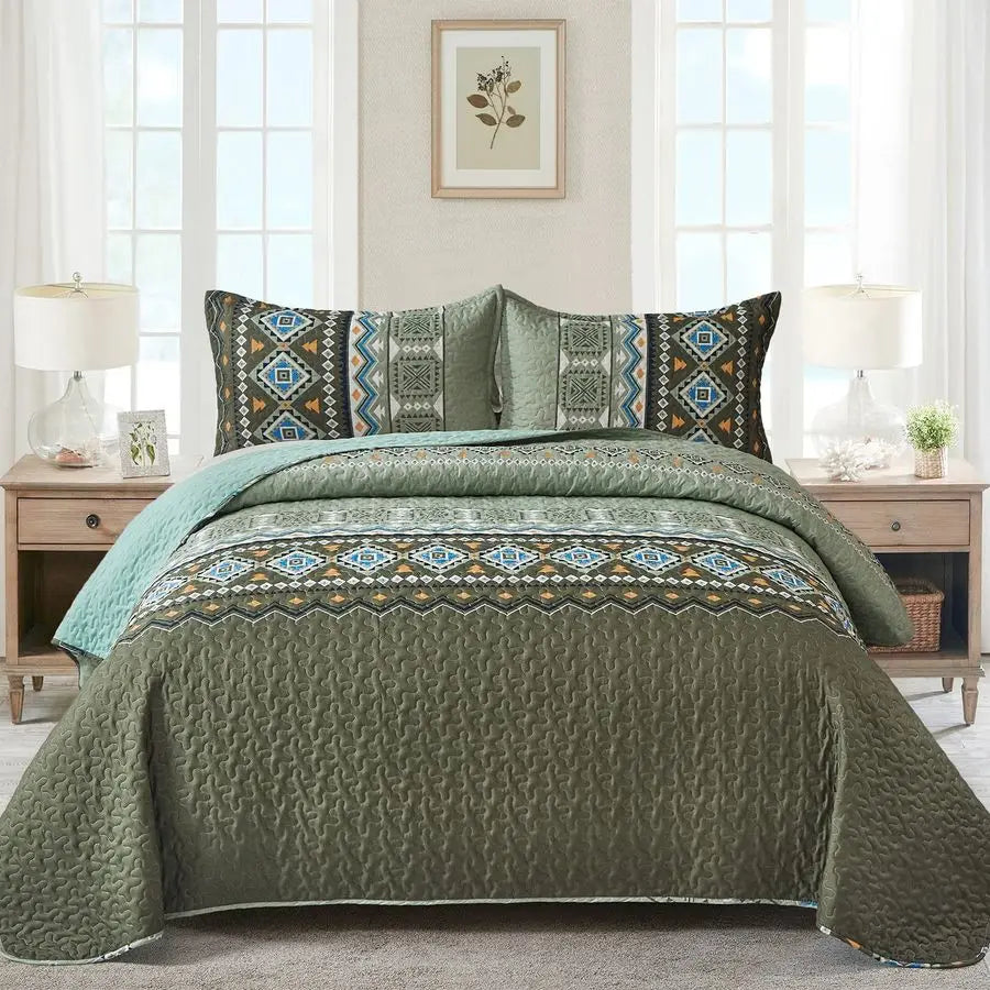 Boho Quilt Set Bedspread Coverlet 3 Piece With Geometric Print