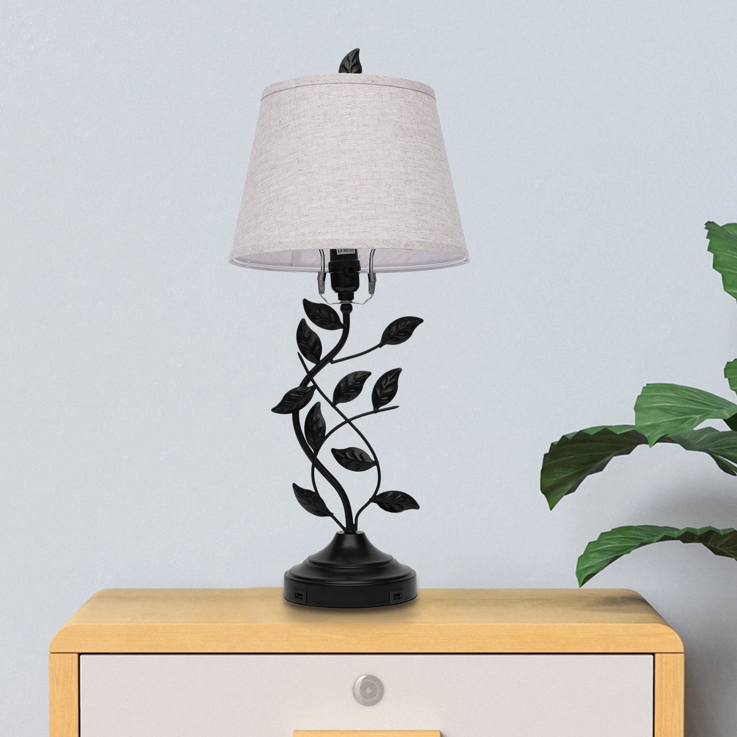Table Lamp With USB Ports Iron And Linen Shade Living