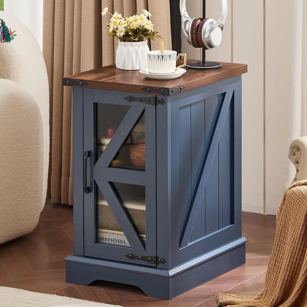 Farmhouse Coffee Table Set with Glass Barn Door Storage