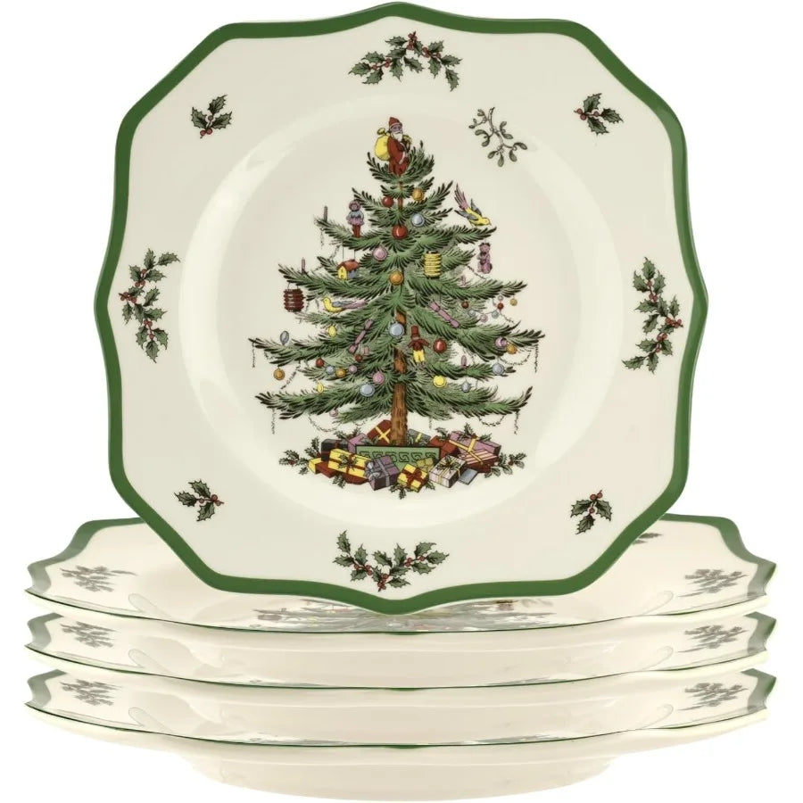 Christmas Tree Scalloped Dinner Plates Set of 4 Stoneware Dishes