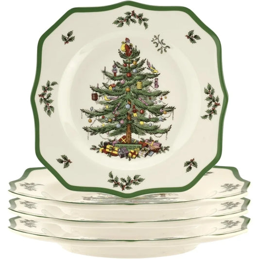 Christmas Tree Scalloped Dinner Plates Set of 4 Stoneware Dishes