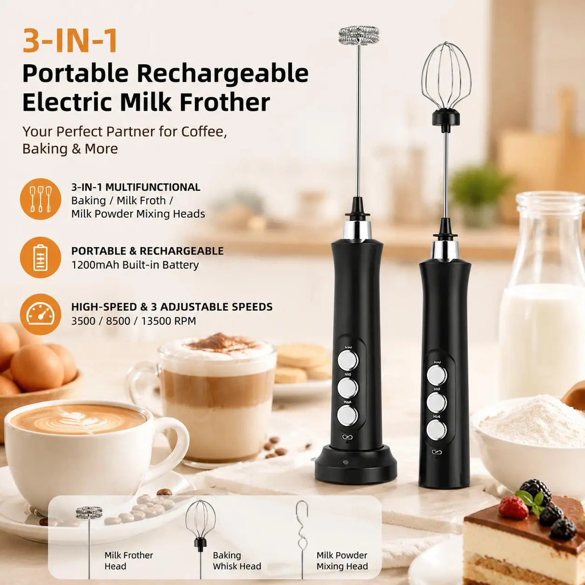 Stonego Rechargeable Milk Frother Handheld Coffee Foam Maker With Whisk