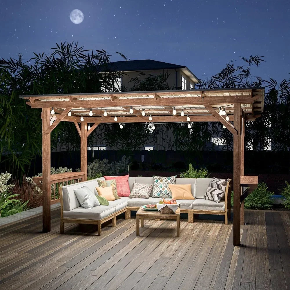 Wooden Pergola Gazebo With Metal Roof And Bar Counters