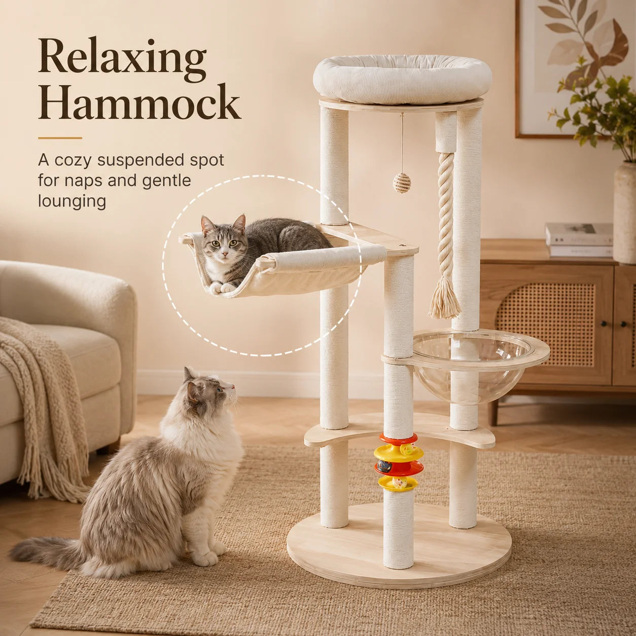 Sturdy Wooden Cat Tree With Space Capsule Hanging Ball Perch