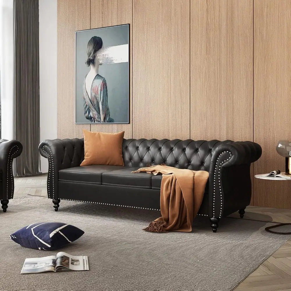 Chesterfield Leather Sofa and Loveseat Set with Scroll Arm Design
