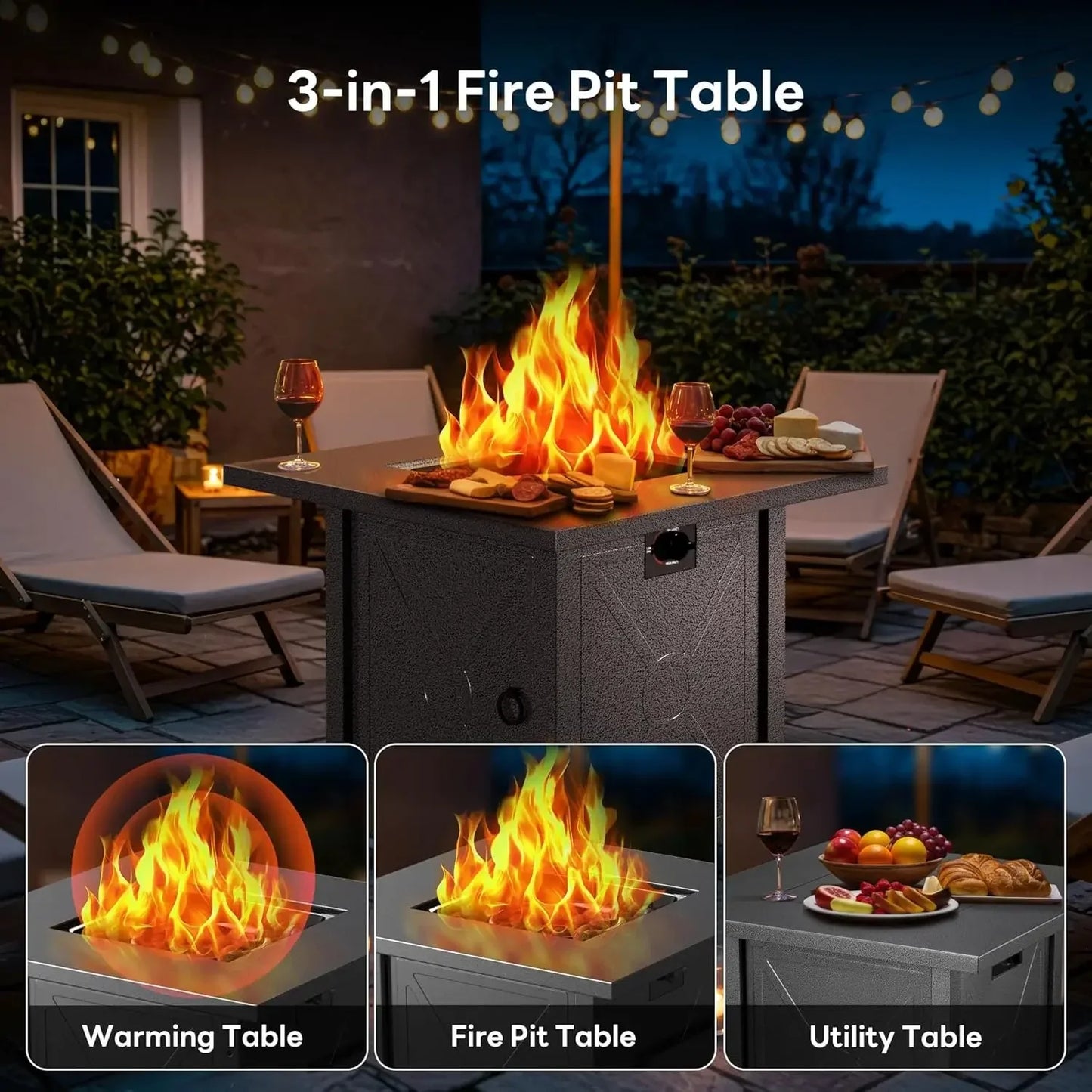Propane Fire Pit Table 50,000 BTU With Lid Lava Rock