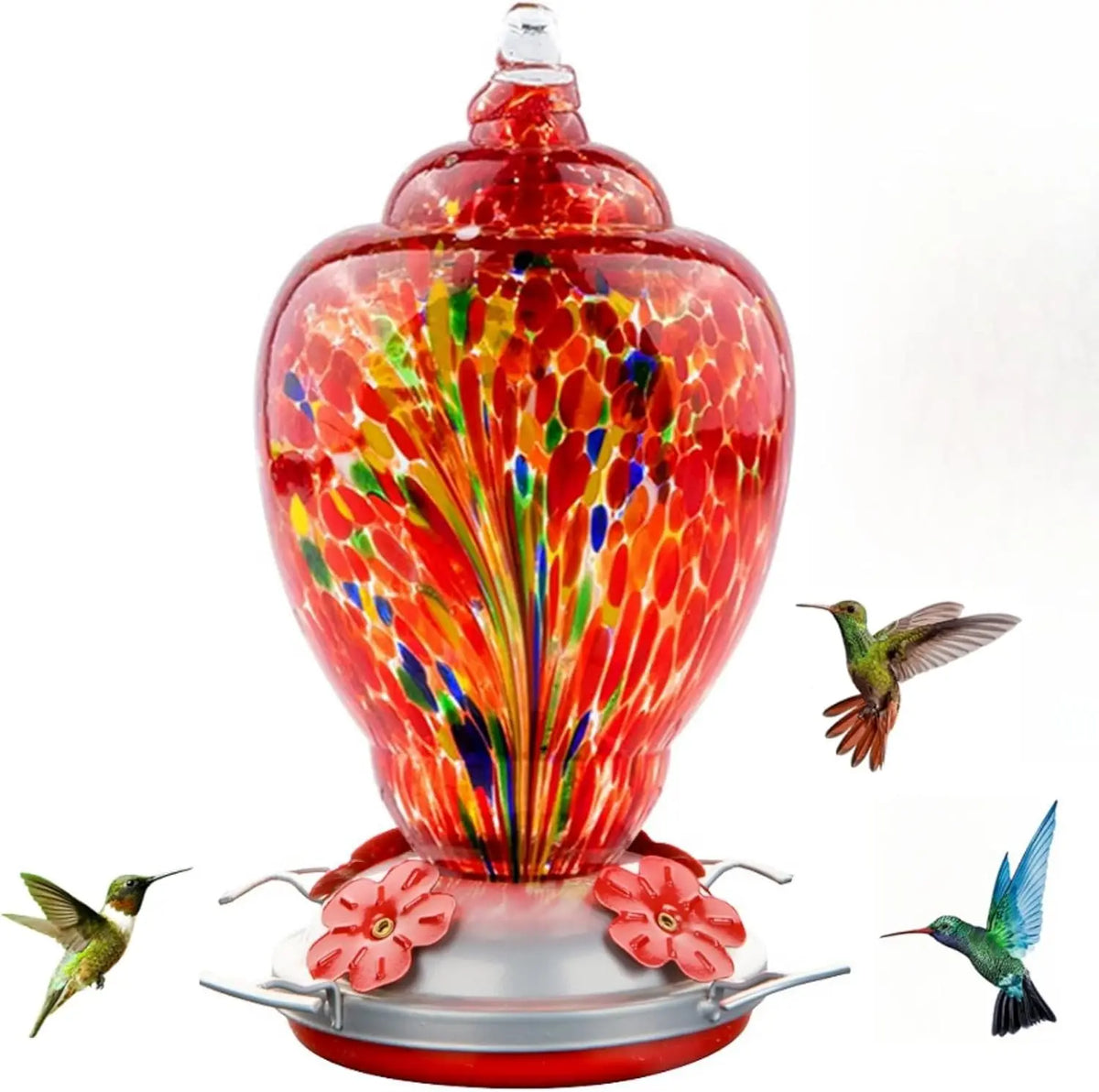 Hand Blown Glass Hummingbird Feeder With Ant Moat For Gardens