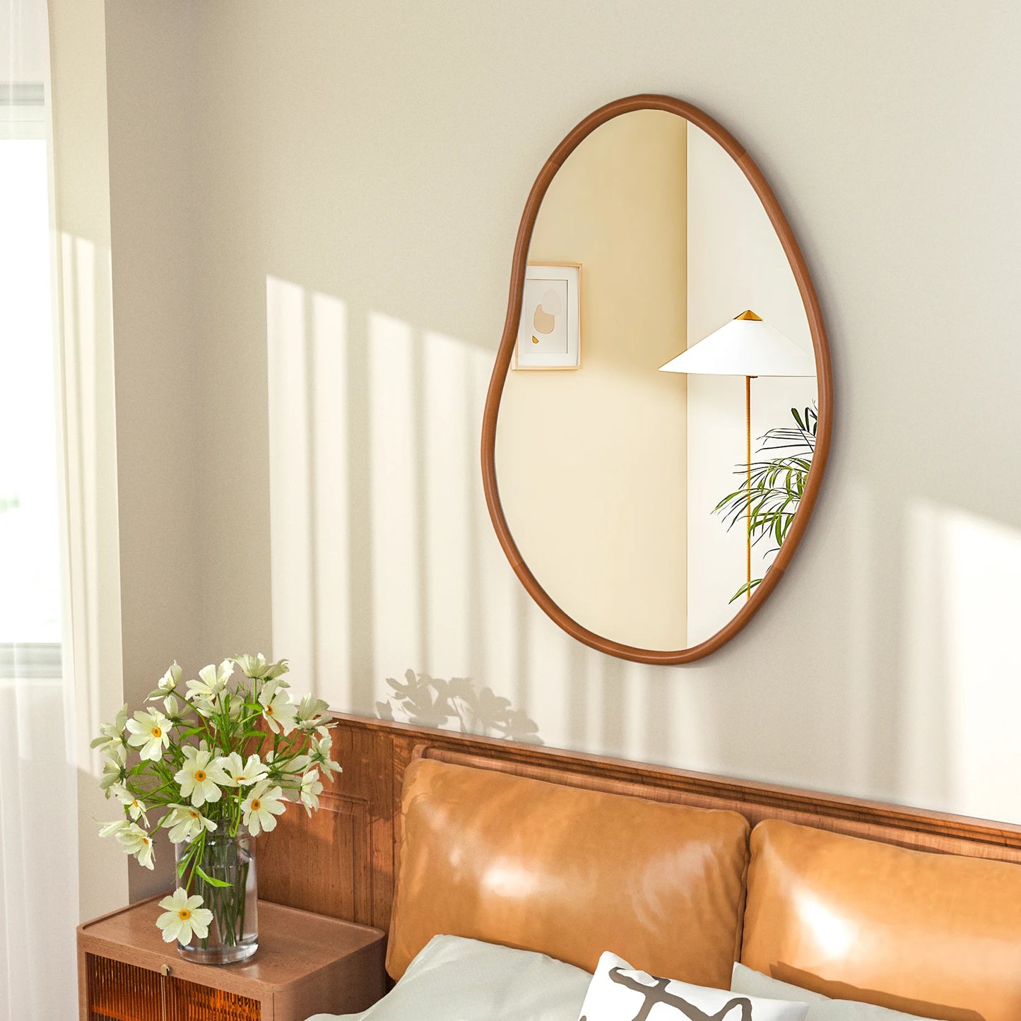 Mid Century Asymmetrical Wood Frame Wall Mirror Decorative For Entryway