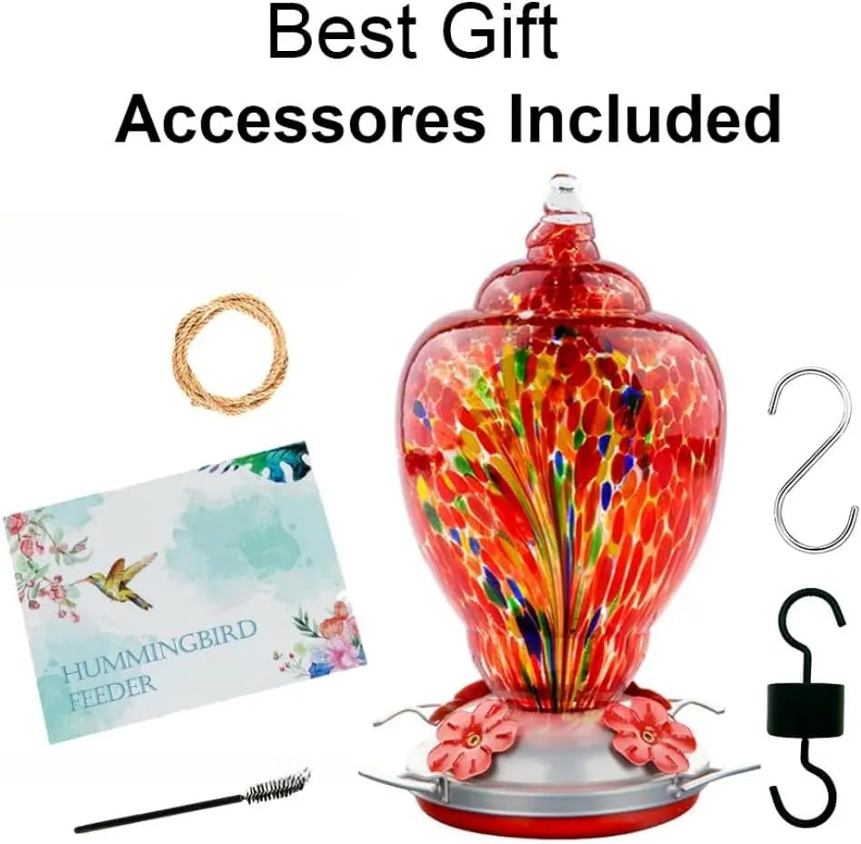 Hand Blown Glass Hummingbird Feeder With Ant Moat For Gardens