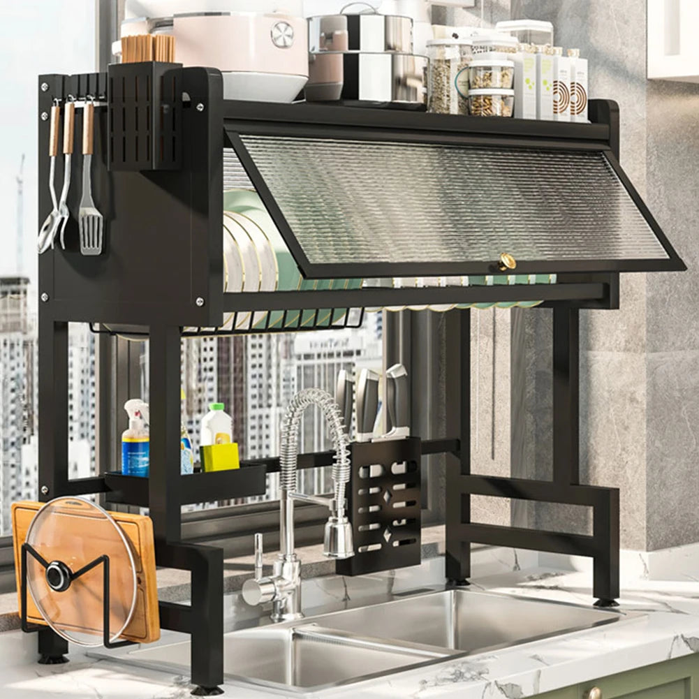 Steel Over The Sink Dish Rack With Cover Kitchen Organizer