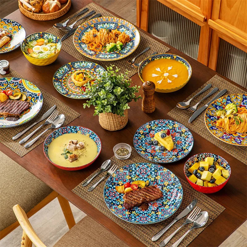 Retro 24-Piece Ceramic Dinnerware Set With Plates And Bowls