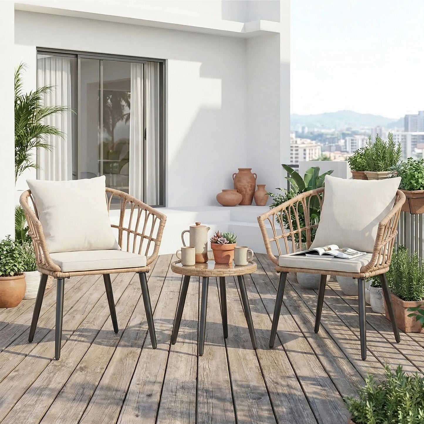 JHK Wicker Outdoor Patio Set With Cushions And Glass Table