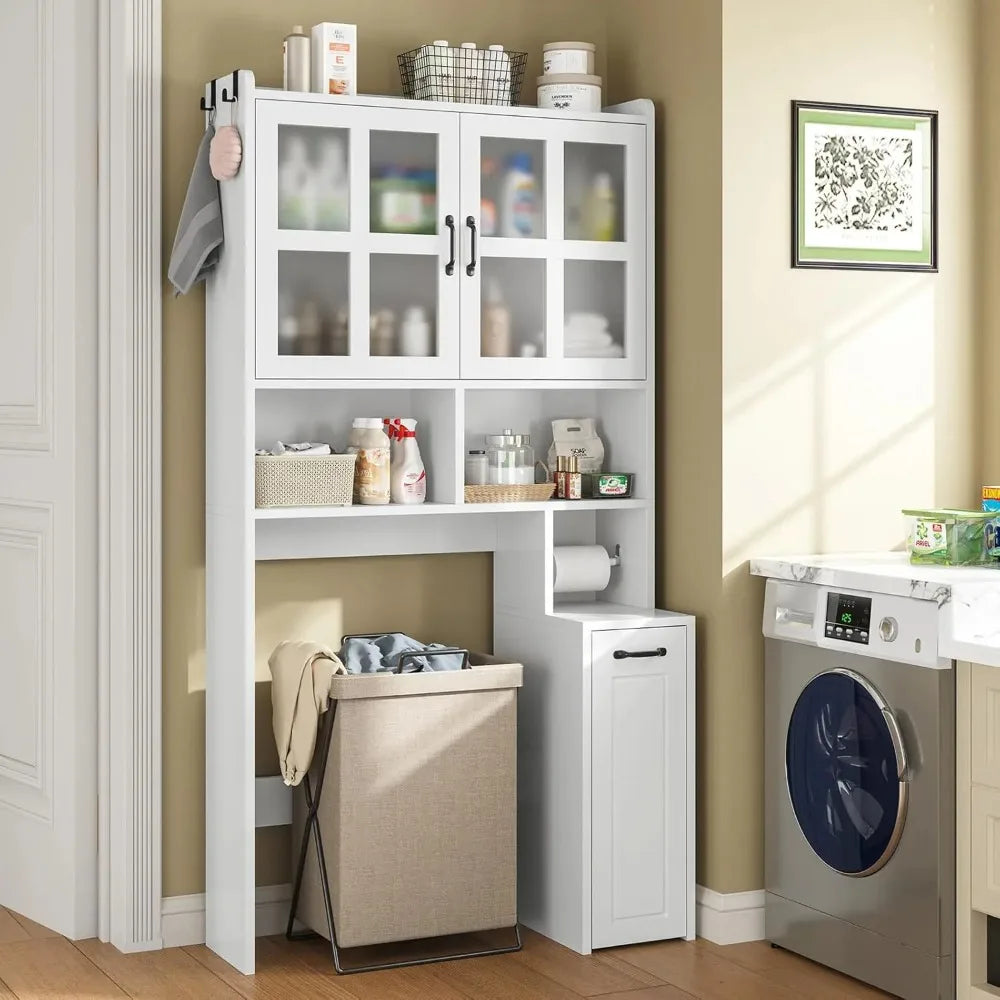 Over Toilet Storage Cabinet With Adjustable Shelves And Glass Doors