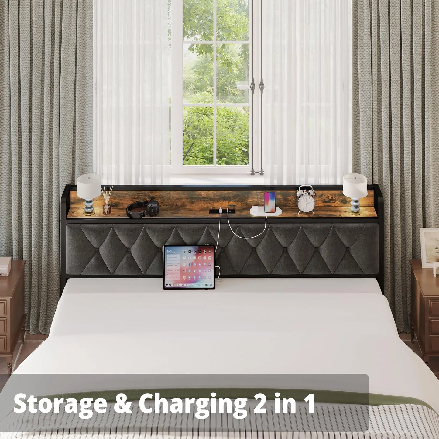 Anctor Bed Frames With Storage Headboard And Outlets No Noise No Box Springs