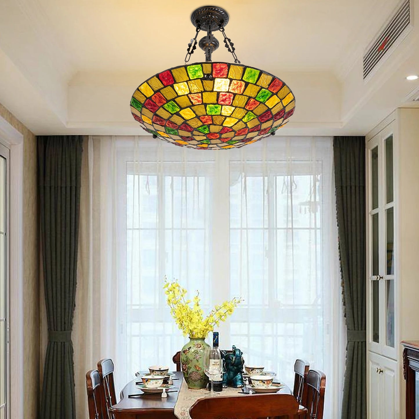 Bymaocar 60W Antique Stained Glass Inverted Tiffany Pendant