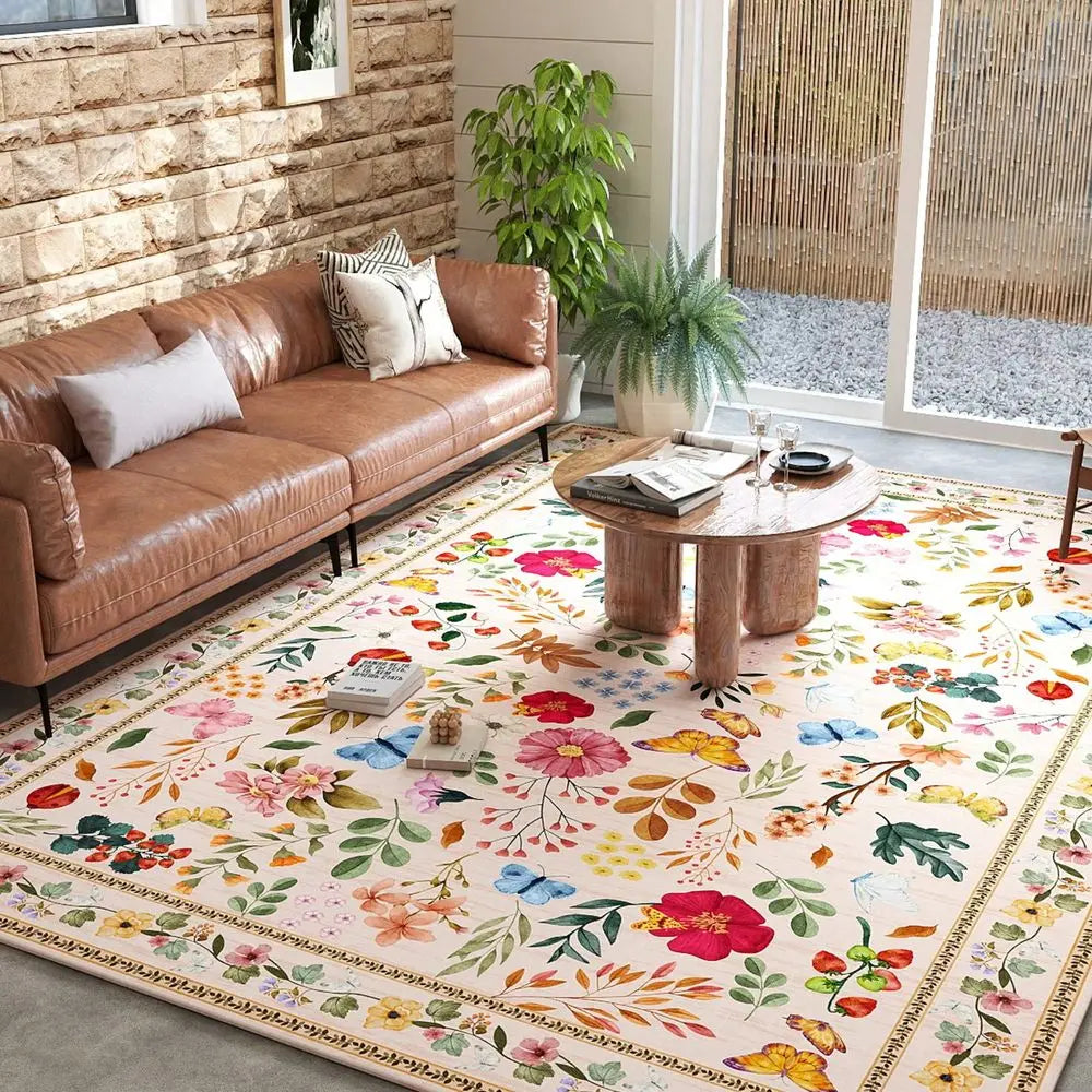 Floral Butterfly Area Rug Washable Non Slip Living Room Bedroom