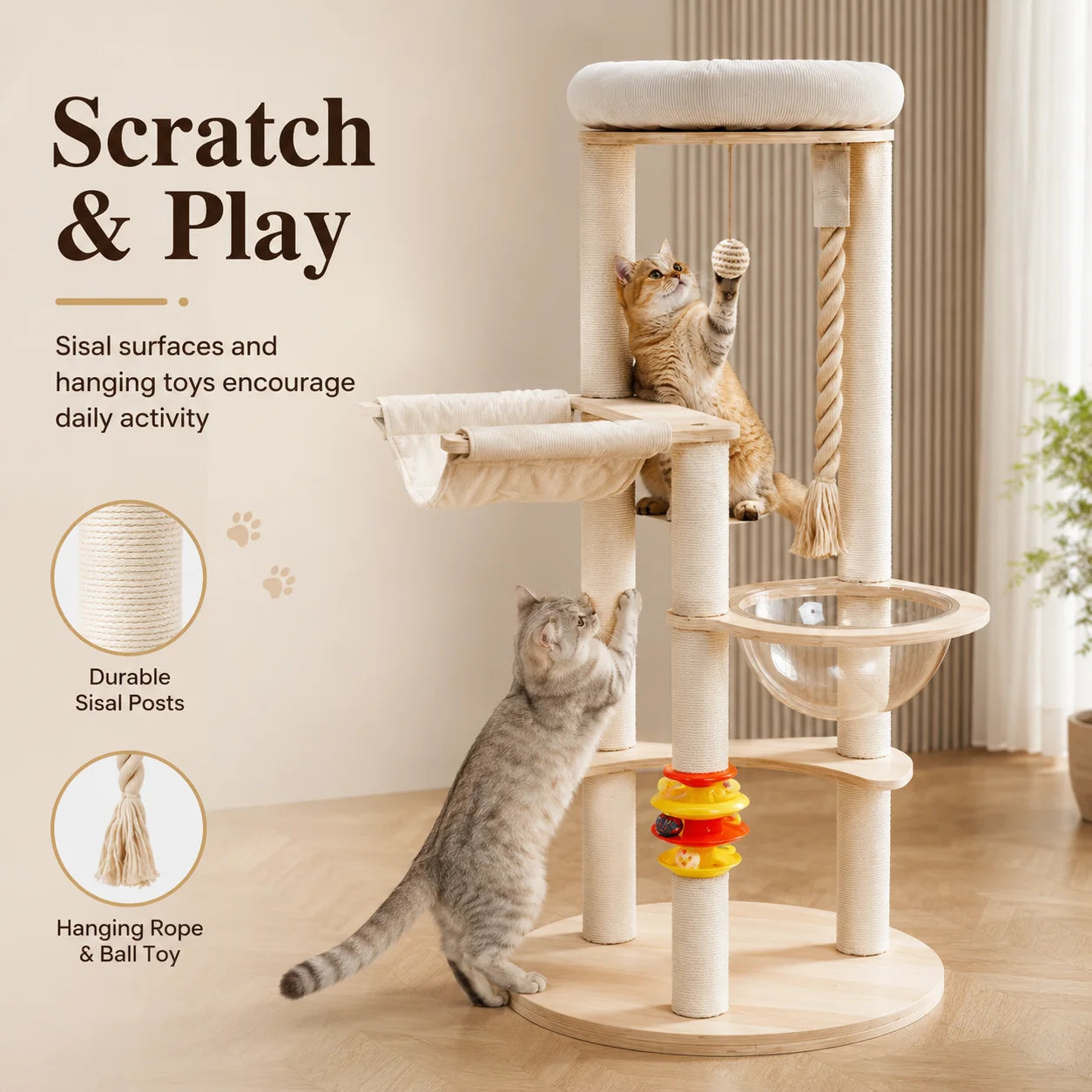 Sturdy Wooden Cat Tree With Space Capsule Hanging Ball Perch