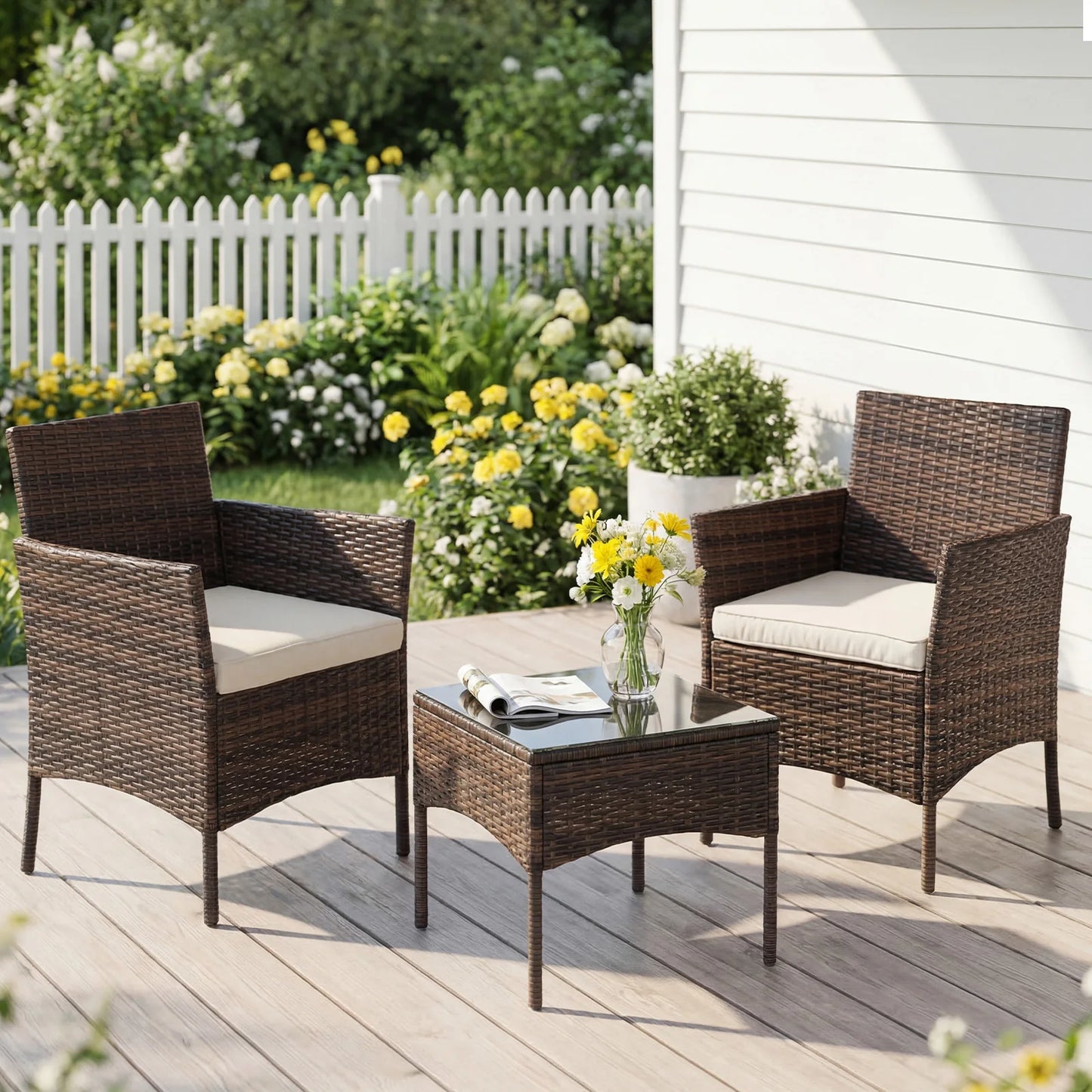 3 Piece Outdoor Patio Set Wicker Rattan Chairs With Glass Table