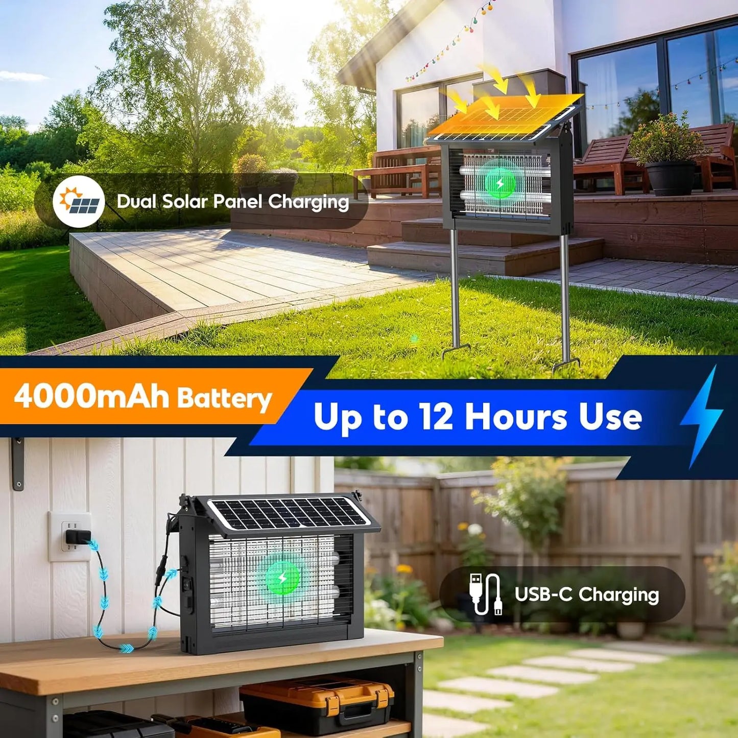 Solar Bug Zapper Outdoor 4500V Mosquito Trap USB Charging IPX5