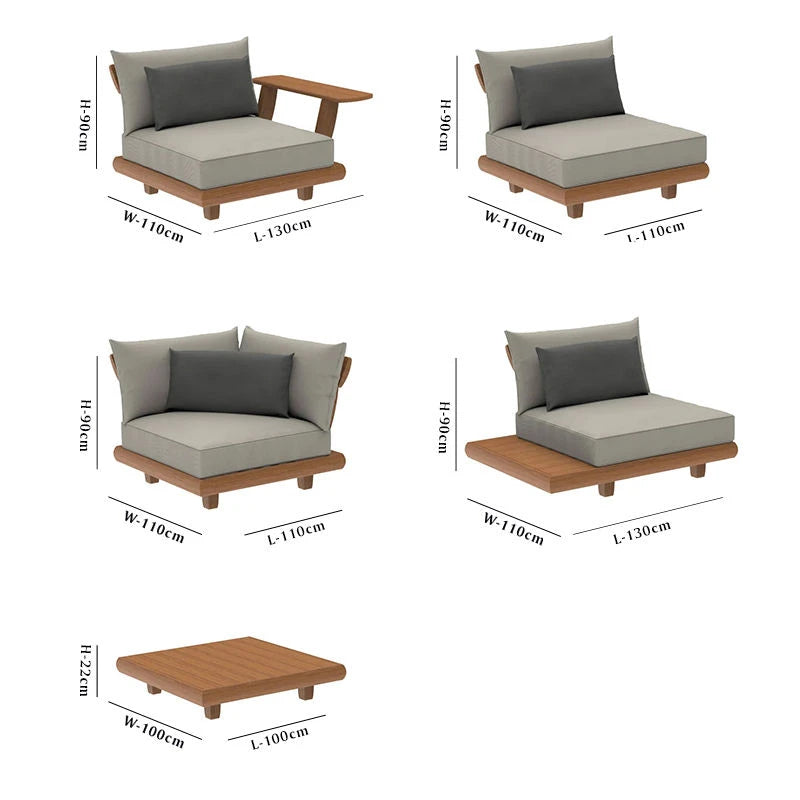 Outdoor Solid Teak Sofa Set with Waterproof Cushions for Patio