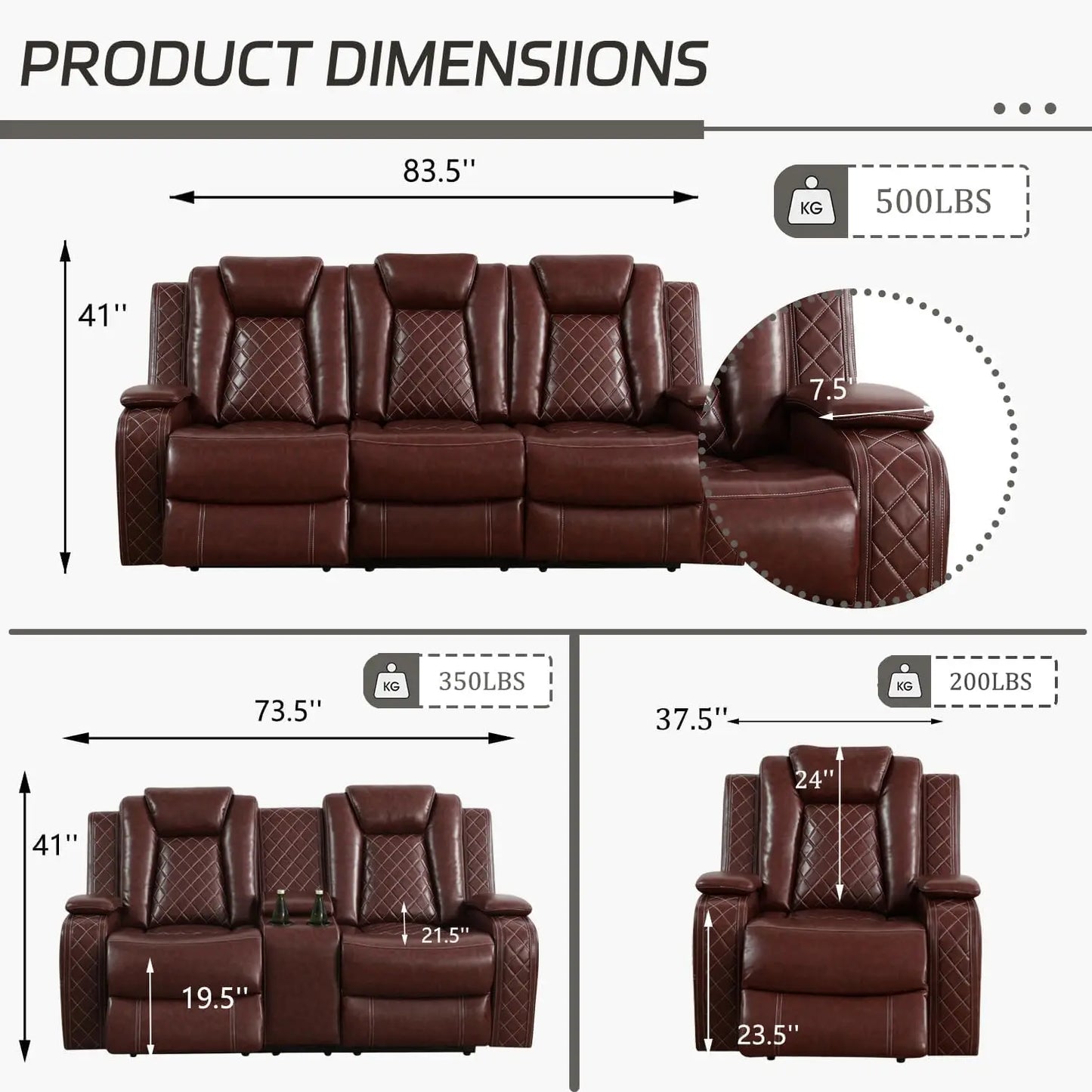 Power Leather Recliner Sofa Set With LED And USB Charging