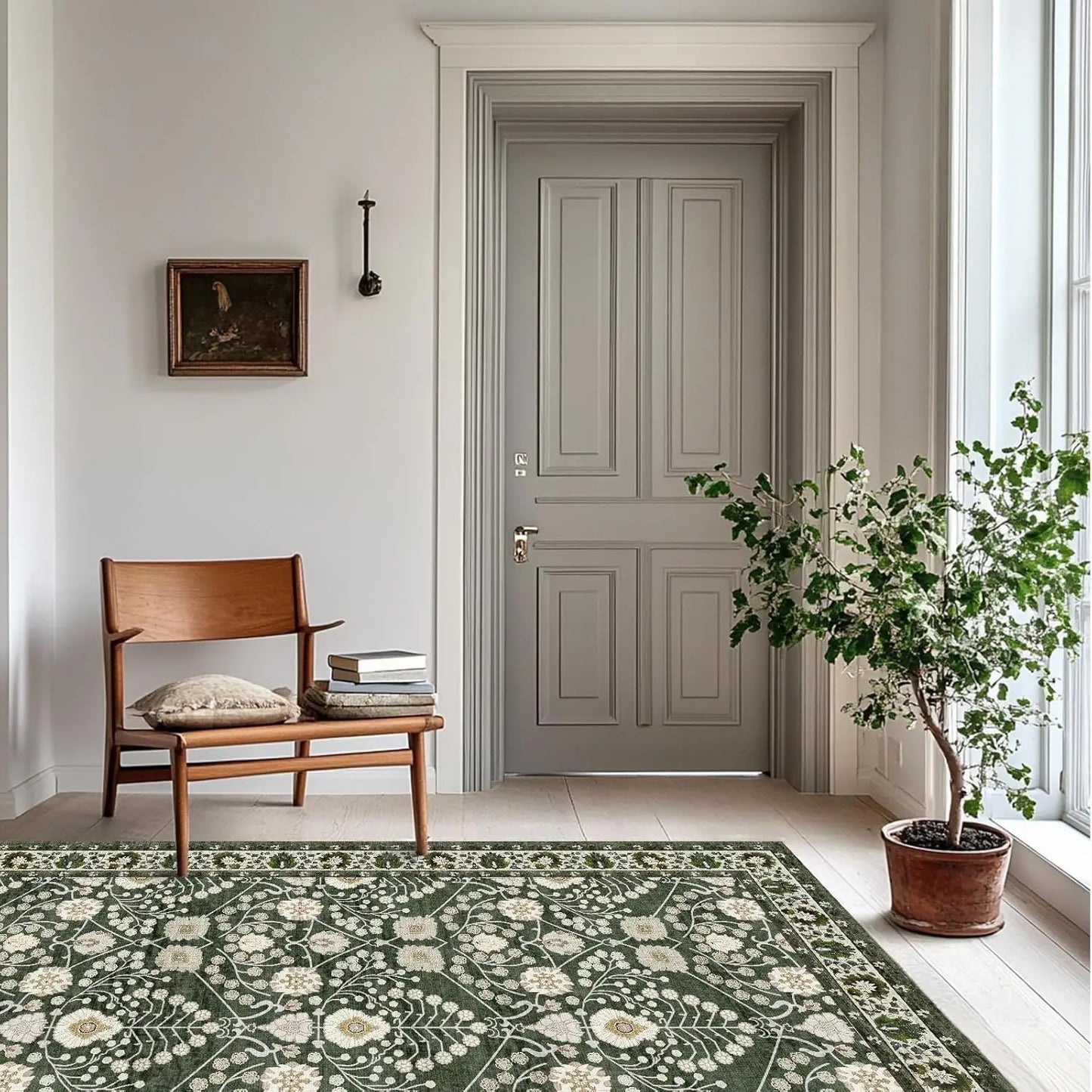 3x5 Boho Area Rug Machine Washable Non Slip Floral Carpet for Living Room Dining Room Laundry Room Dark Green