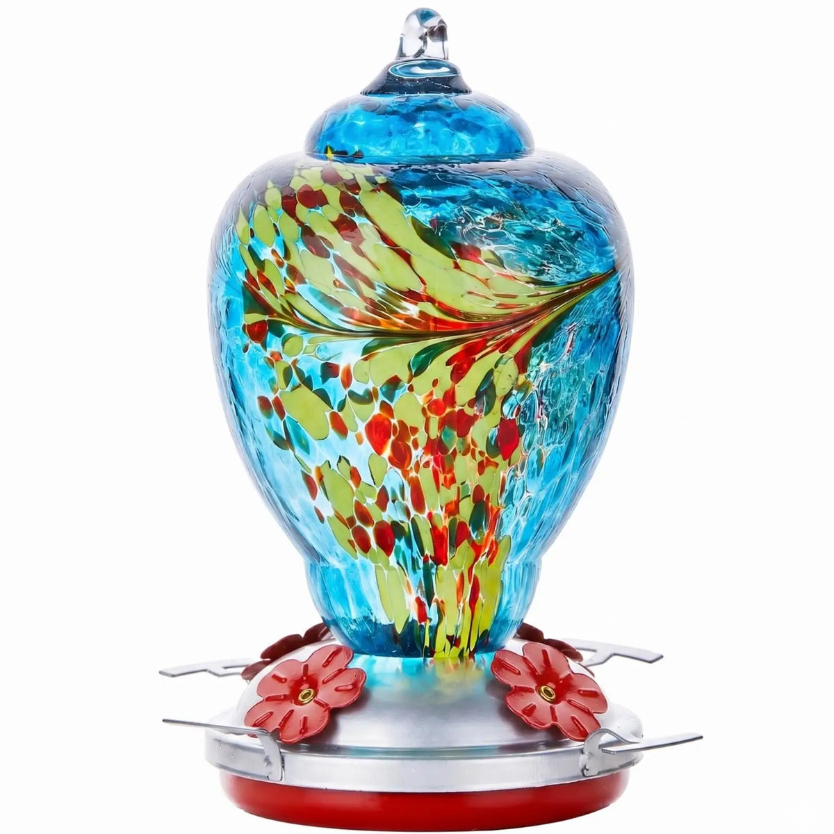 Hand Blown Glass Hummingbird Feeder With Ant Moat For Gardens