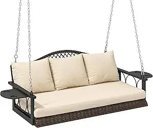 Three Person Wicker Porch Swing Chair Heavy Duty 800 Lbs Cup Holder Patio
